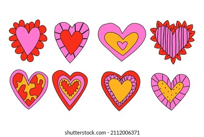 vector set of vibrant psychedelic valentines.Hippie collection hearts for valentine's day.Punk rock style 70s and 80s.Stories social media stickers.Romantic heart shapes in funky and groovy style