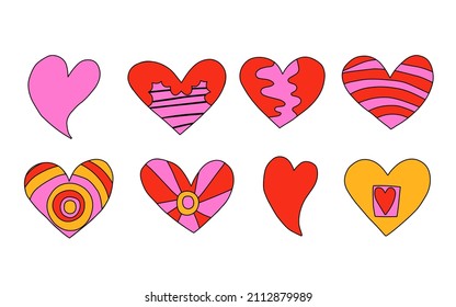 vector set of vibrant psychedelic valentines.Hippie collection hearts for valentine's day.Punk rock style 70s and 80s.Stories social media stickers.Romantic heart shapes in funky and groovy style