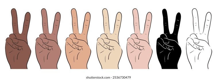 Vector set of victory symbol with fingers of different nationalities. Collection of Peace and Pacifism signs. Contour, silhouette and colorful hand clip arts