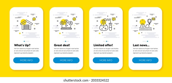 Vector set of Video conference, Chemistry lab and Parking garage line icons set. UI phone app screens with line icons. Roller coaster icon. Remote business, Laboratory, Car place. Vector