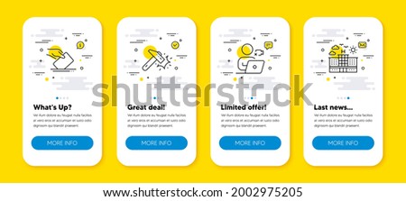 Vector set of Video conference, Voting ballot and Hammer blow line icons set. UI phone app screens with line icons. Hotel icon. Online training, Voting campaign, Crash tool. Travel. Vector
