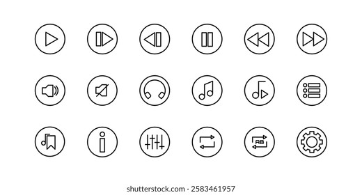 Vector, Set Video Player Icons in Outline Style for Web and Mobile Design