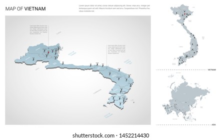 Vector set of Vietnam country.  Isometric 3d map, Vietnam map, Asia map - with region, state names and city names. 