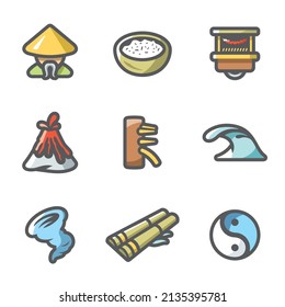 Vector Set of Vietnam Icons. Vietnamese, Wing Chun Kung Fu, Food, Nature, Trade, Ocean, Hurricane, Raft, Yin Yan.