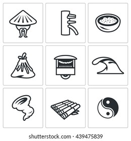 Vector Set of Vietnam Icons. Vietnamese, Wing Chun Kung Fu, Food, Nature, Trade, Ocean, Hurricane, Raft, Yin Yan. Life and Country Nature.