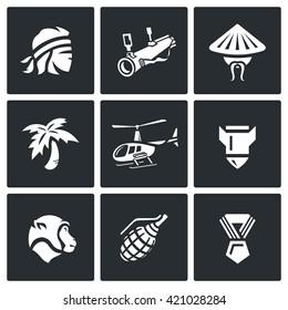 Vector Set of The Vietnam War Icons. Soldier, grenade launcher, vietnamese, Jungle, Helicopter, Bomb, Monkey, Grenade, Order. Man, head, weapon, resident, palm, transport, shell, animal, medal.