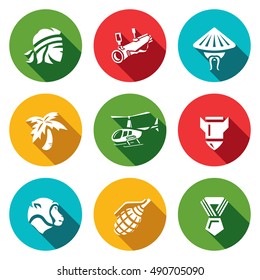 Vector Set of The Vietnam War Icons. Soldier, grenade launcher, vietnamese, Jungle, Helicopter, Bomb, Monkey, Grenade, Order.