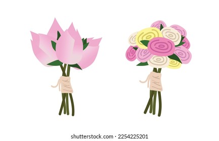 Vector de ramos de novias vietnamitas clípart. Ilustración vectorial plana de ramo de bodas vietnamita. Lotus, estilo de dibujos animados con flores de rosa. Concepto de ceremonia de boda tradicional de Vietnam