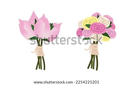 Vector set of Vietnamese wedding bridal bouquets clipart. Vietnamese wedding bouquet flat vector illustration. Lotus, rose flower bouquet cartoon style. Vietnamese traditional wedding ceremony concept