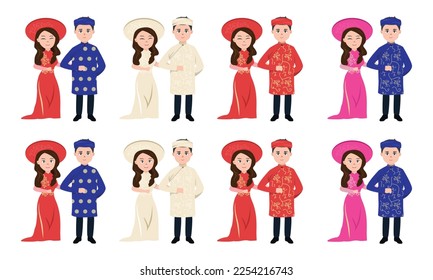 Vector set of Vietnamese wedding couples wearing traditional clothes clipart. Vietnamese bride and groom vector illustration. Wedding dress, ao dai. Vietnamese traditional wedding ceremony concept