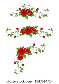 Vector set of vignette elements with red rose vines.