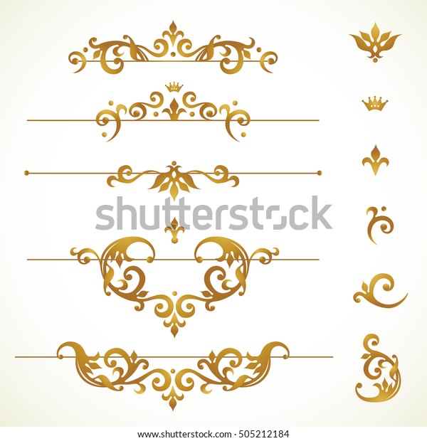 Vector set vignettes,\
frames, scroll elements for design template. Golden floral borders\
in Victorian style. Ornate decor for invitation, greeting card,\
label, badge.
