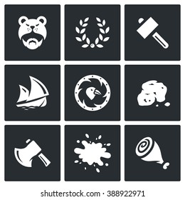 Vector Set of Viking life Icons. Barbarian, Laurel Wreath, Hammer, Ship, Shield, Gold, Ax, Blood, Meat. Warrior, Glory, Gun, Drakkar, Armor, Stone, Weapon, Food