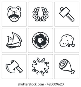 Vector Set of Viking life Icons. Barbarian, Laurel Wreath, Hammer, Ship, Shield, Gold, Ax, Blood, Meat. Warrior, Glory, Gun, Drakkar, Armor, Stone, Weapon, Food