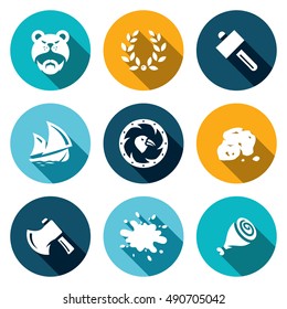 Vector Set of Viking life Icons. Barbarian, Laurel Wreath, Hammer, Ship, Shield, Gold, Ax, Blood, Meat.