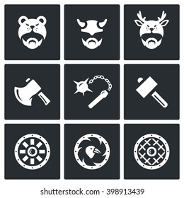 Vector Set of Viking Weapons Icons. Head, Man, Helmet, Ax, Mace, Hammer, Shield. North Warriors and their Weaponry. Isolated symbols on a black background