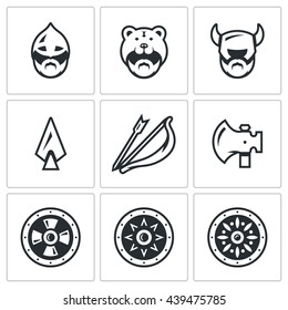 Vector Set of Viking Weapons Icons. Head, Man, Helmet, Ax, Spear, Bow and Arrow, , Shield. North Warriors and their Weaponry. 