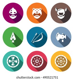 Vector Set of Viking Weapons Icons. Head, Man, Helmet, Ax, Spear, Bow and Arrow, , Shield.