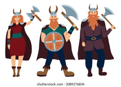 Conjunto vectorial de vikingos con ejes. Juego de niños de personajes viking.
