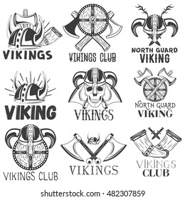 Vector set of vikings labels in vintage style. Design elements, icons, logo, emblems and badges isolated on white background. Viking warrior helmet and axe