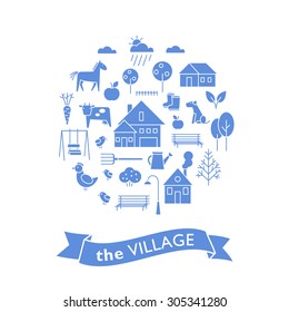 Vector set of village icons. Card with rural houses, vegetables, fruits, tools and any stuff.
