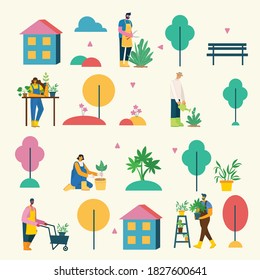 Vector set of village people with organic food, flowers and plants in the flat design