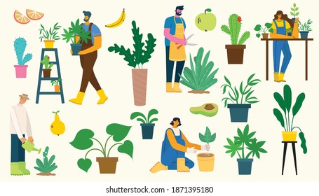 Vector set of village people with organic food, flowers and plants in the flat design