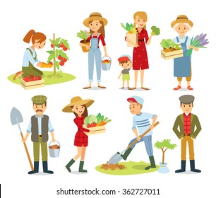 vector set of  village people with organic food, flowers and plants