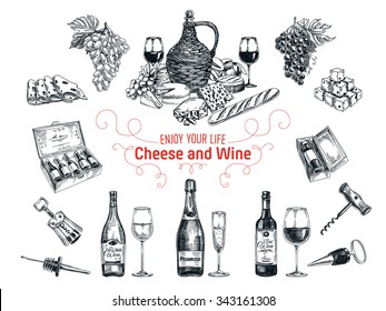 Vector set of vine and cheese elements. Vector illustration in sketch style. Hand drawn design elements. 