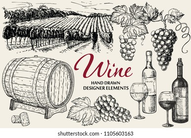 Vector set of vine products. Vector illustration in sketch style. Hand drawn design elements.