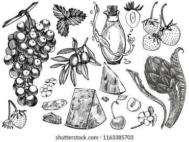 Vector set of vine products. Illustration in sketch style. Hand drawn design elements. Isolated on white background. Engraving style illustrations.