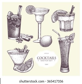 Vector set of vintage alcoholic cocktails sketch. Ink hand drawn cocktail illustrations for bar or restaurant menu isolated on retro background.