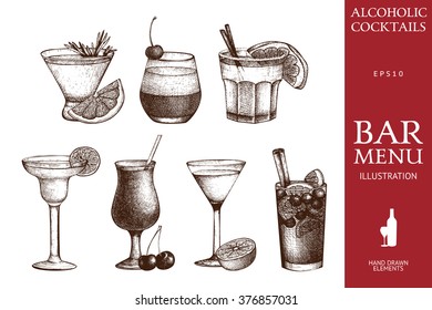 Vector set of vintage alcoholic cocktails sketch. Ink hand drawn beverage illustrations for bar or restaurant menu isolated on white background