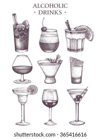 Vector set of vintage alcoholic drinks sketch. Ink hand drawn beverage illustrations for bar or restaurant menu isolated on white background