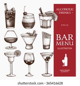 Vector set of vintage alcoholic drinks sketch. Ink hand drawn beverage illustrations for bar or restaurant menu isolated on white background