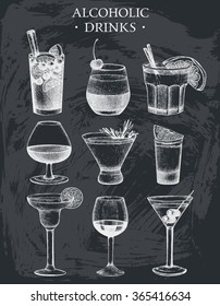 Vector set of vintage alcoholic drinks sketch. Ink hand drawn beverages illustrations for bar or restaurant menu isolated on chalkboard.