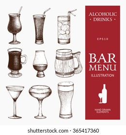 Vector set of vintage alcoholic drinks sketch. Ink hand drawn beverage illustrations for bar or restaurant menu isolated on white background.