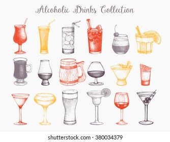 Vector set of vintage alcoholic drinks sketch. Ink hand drawn beverage illustrations for bar or restaurant menu isolated on white background