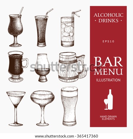 Vector set of vintage alcoholic drinks sketch. Ink hand drawn beverage illustrations for bar or restaurant menu isolated on white background.