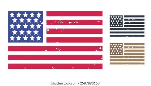 Vector set of vintage American flags. Vintage vector set of USA flags in retro style.