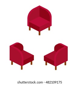 Vector set of vintage armchairs from the red fabric. isometric Collection of vector icons of armchairs. armchair isometric Icon. Classical style Armchair sofa. Vector illustration on white background