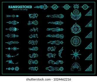 Vector set of vintage arrows, corners, dividers for frames, borders. Sea-blue color for black background. Space elements: symbols of planet with waves, stars, UFO, spaceship, satellite, comet, moon