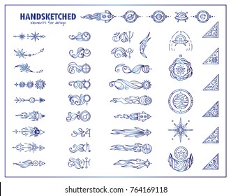 Vector set of vintage arrows, corners, dividers for frames, borders in blue watercolor style. Space elements – symbols of planet with waves, stars, UFO, spaceship, satellite, comet, moon