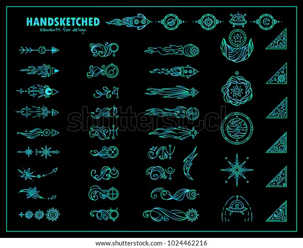 Vector set of vintage arrows, corners, dividers for
frames, borders. Sea-blue color for black background. Space
elements: symbols of planet with waves, stars, UFO, spaceship,
satellite, comet, moon