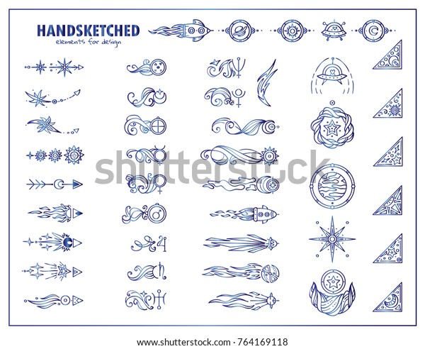 Vector set of vintage arrows, corners, dividers for\
frames, borders in blue watercolor style. Space elements – symbols\
of planet with waves, stars, UFO, spaceship, satellite, comet,\
moon