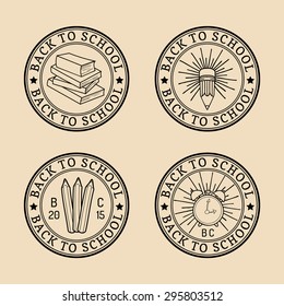 Vector set of vintage Back to School logos. Retro signs, icons collection with educational equipments. Knowledge day design concepts.