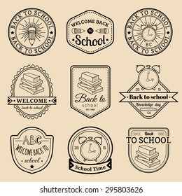 Vector set of vintage Back to School logos. Retro signs, icons collection with educational equipments. Knowledge day design concepts.