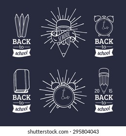 Vector set of vintage Back to School logos. Retro signs, icons collection with educational equipments. Knowledge day design concepts.