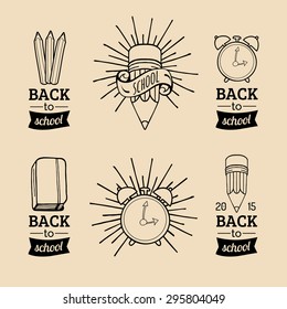 Vector set of vintage Back to School logos. Retro signs, icons collection with educational equipments. Knowledge day design concepts.