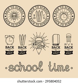 Vector set of vintage Back to School logos. Retro signs, icons collection with educational equipments. Knowledge day design concepts.